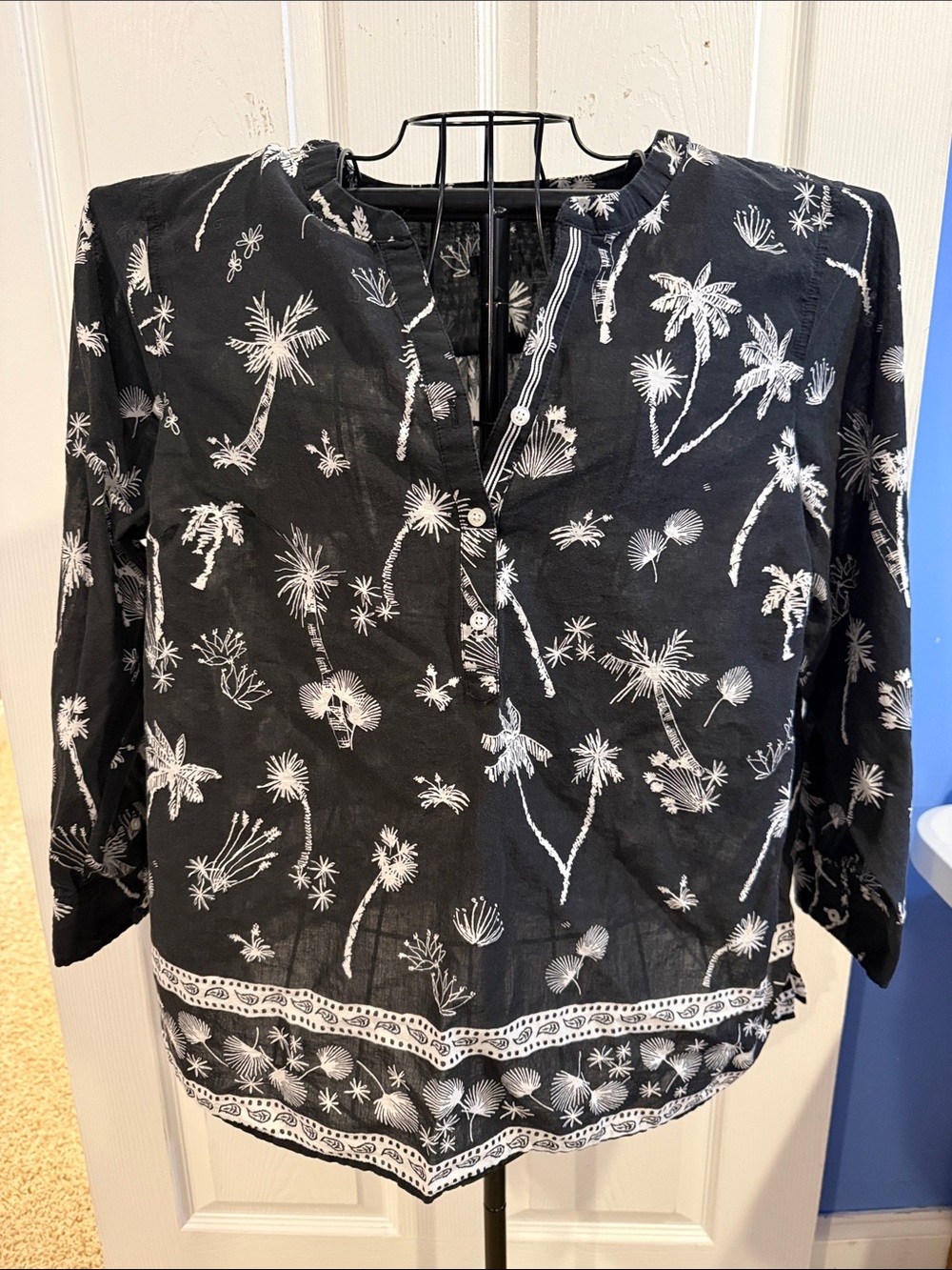 Talbots Plus Petite Black and White Palm-Print Tunic Top 3/4 Sleeve 2Xp